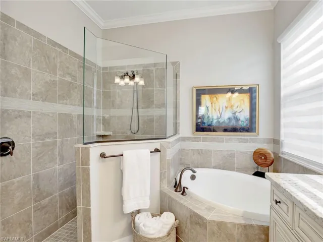 Bathroom featuring vanity, independent shower and bath, and crown molding
