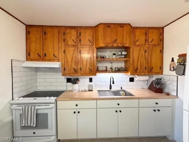 Kitchen featuring white range with electric stovetop, open shelves, under cabinet range hood, and tasteful backsplash