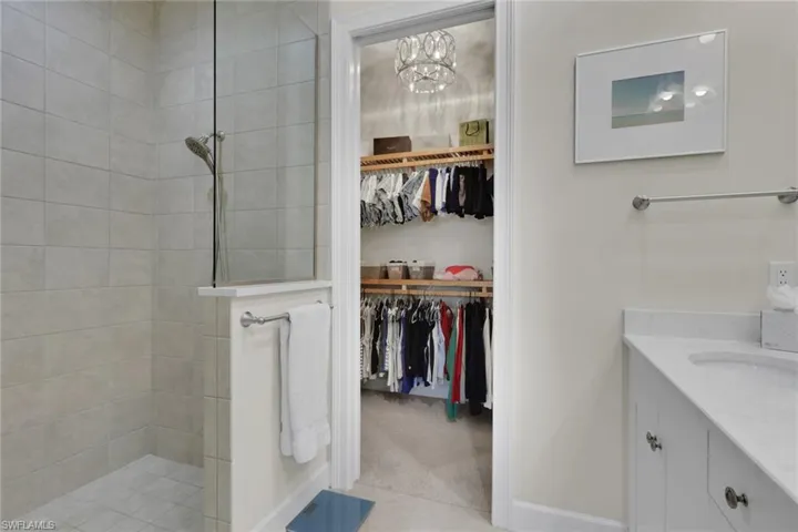 Bathroom featuring vanity, walk in shower, and a walk in closet
