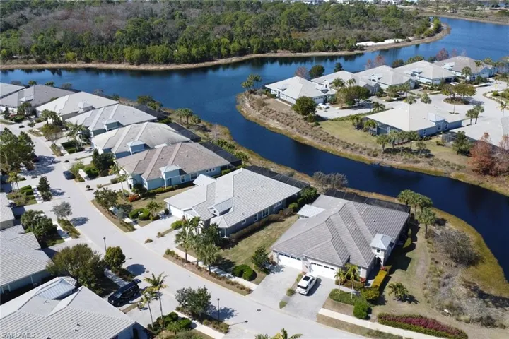 Aerial view of residential area with a large body of water