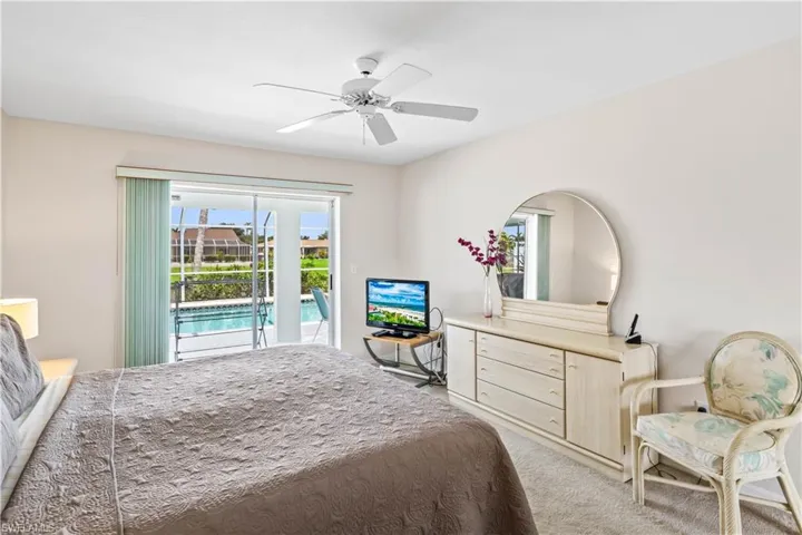 Bedroom with ceiling fan and access to exterior