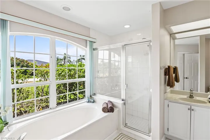 Bathroom with shower with separate bathtub and vanity