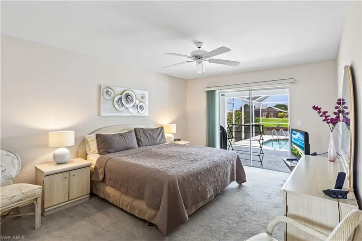 Bedroom with carpet floors, ceiling fan, and access to exterior
