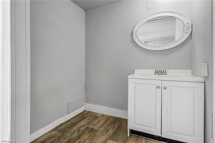 Bathroom with wood-type flooring and vanity