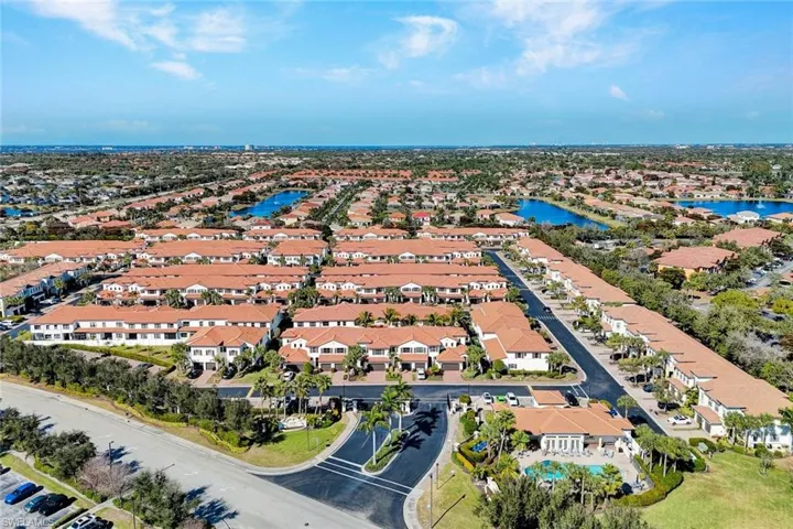 Aerial perspective of suburban area with a large body of water