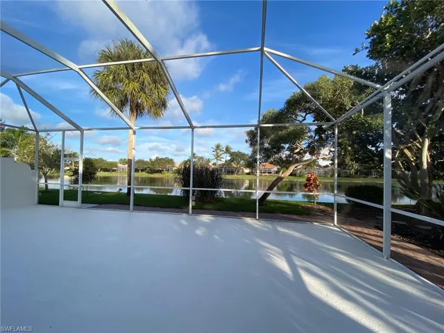 View of patio, and a water view