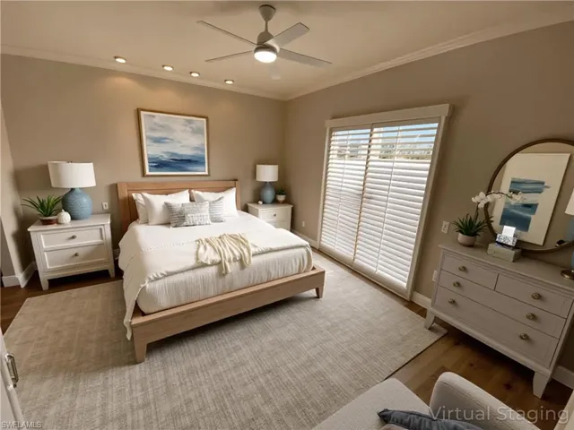 Bedroom with ornamental molding, access to outside, a ceiling fan, wood finished floors, and recessed lighting
