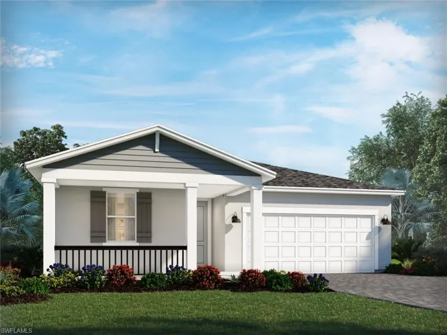 Ranch-style house featuring a porch, a front lawn, and a garage