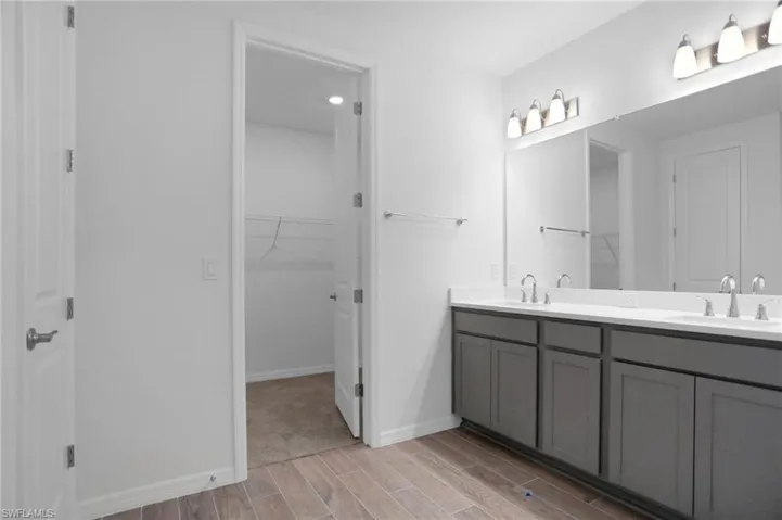Bathroom with a spacious closet, double vanity, and wood finish floors