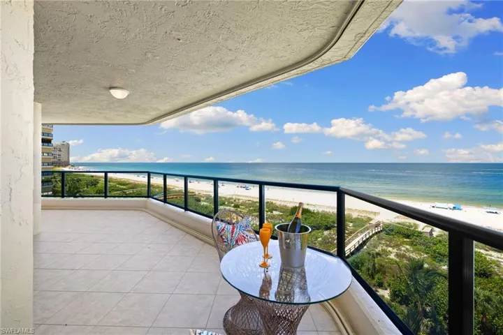 Balcony featuring view of gulf and beach