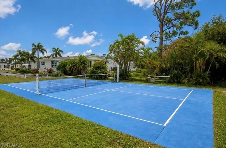 Sport court with blue surface and white demarcation lines