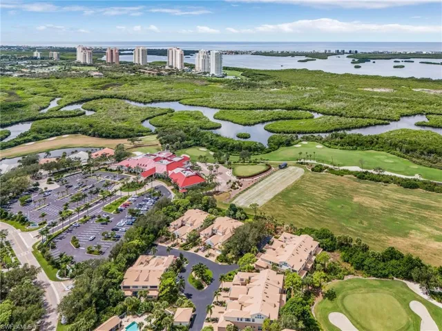 Aerial perspective of Estero Bay, Pelican Nest Golf Club and the Clubhouse.