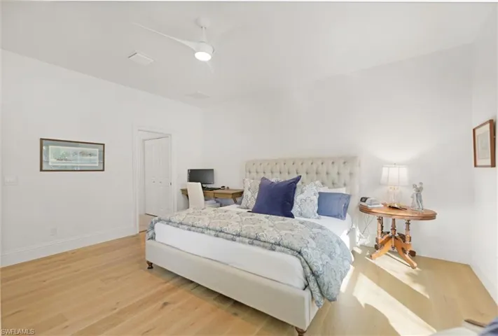 Bedroom with ceiling fan, hardwood / wood-style floors, and a closet