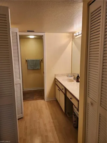 Bathroom featuring a textured ceiling, vanity, and wood-type flooring
