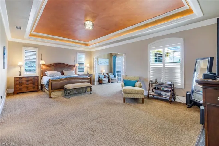 Bedroom featuring crown molding, carpet, and a raised ceiling
