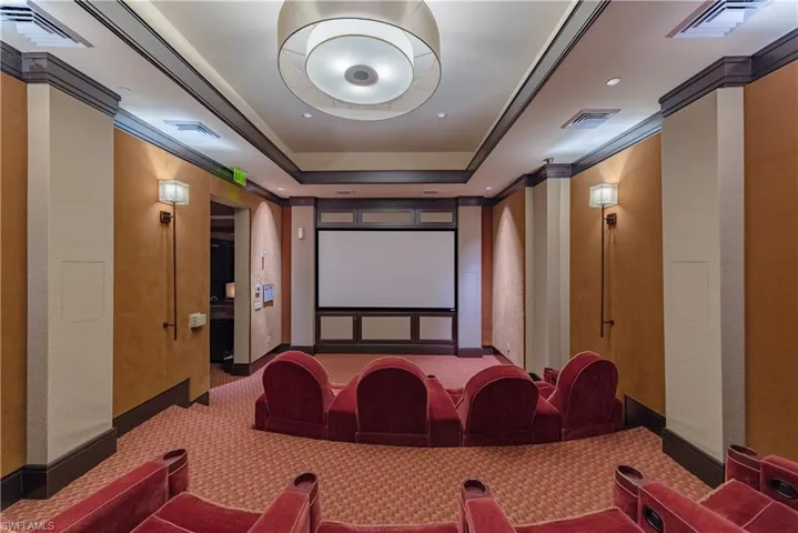 Cinema room featuring a tray ceiling, ornamental molding, and carpet floors