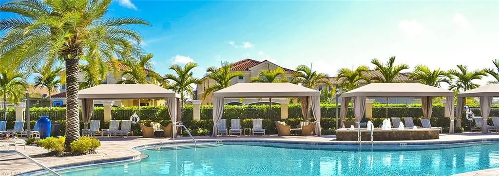 View of swimming pool with a gazebo