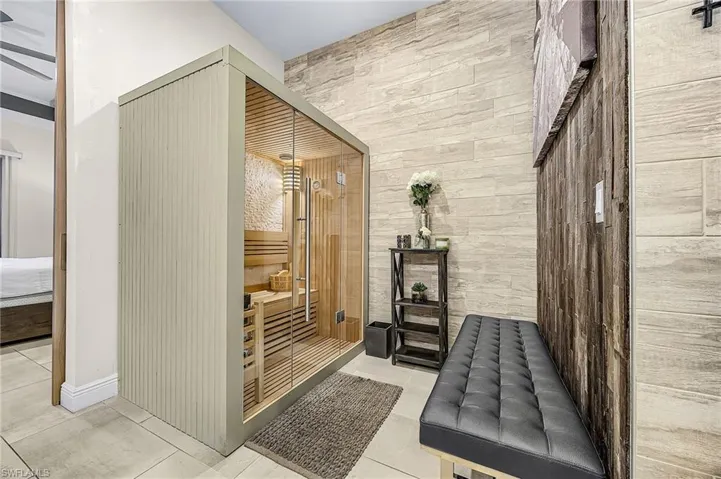 Steam room in Master bath next to Shower.  Plumbing stubbed out under Sauna for Tub if wanted.