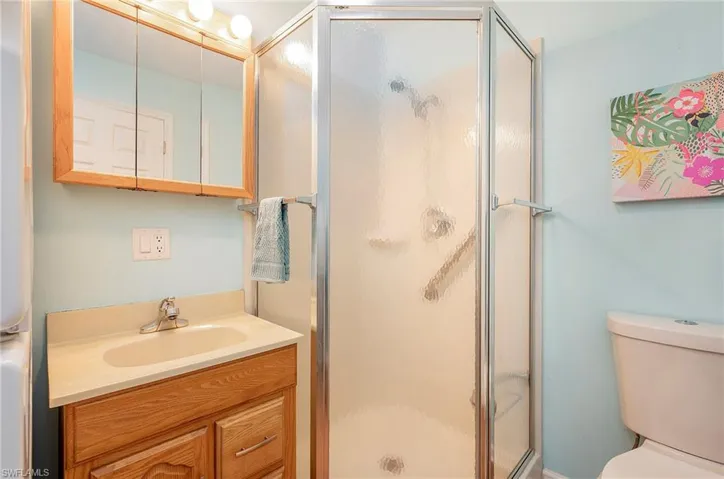Full bathroom with vanity, toilet, and a shower stall