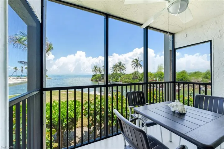 Screened balcony offering expansive water and sky scenery