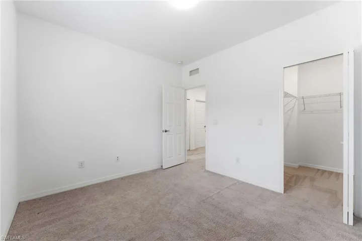 Unfurnished bedroom with a walk in closet and light carpet