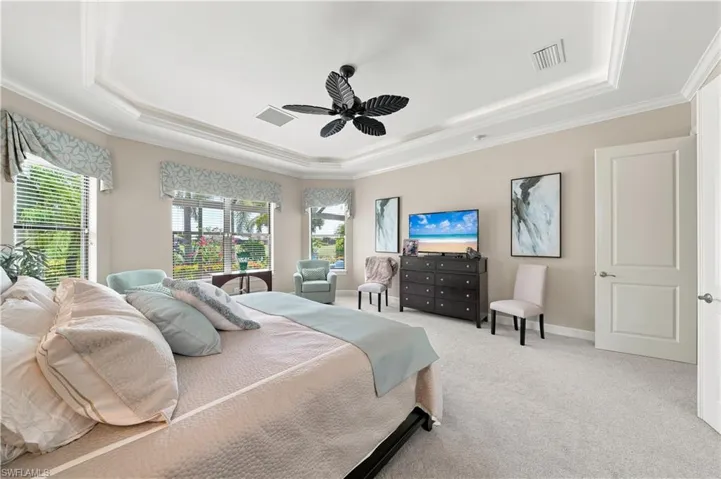 Spacious room featuring tray ceilings with crown molding, light-toned wall paint, large windows with horizontal blinds, and light-colored carpeting