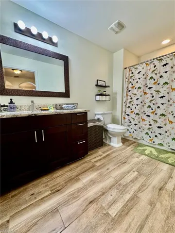 Bathroom featuring hardwood / wood-style floors, a shower with curtain, toilet, and vanity