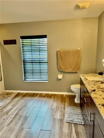 Bathroom featuring wood-type flooring, toilet, and vanity