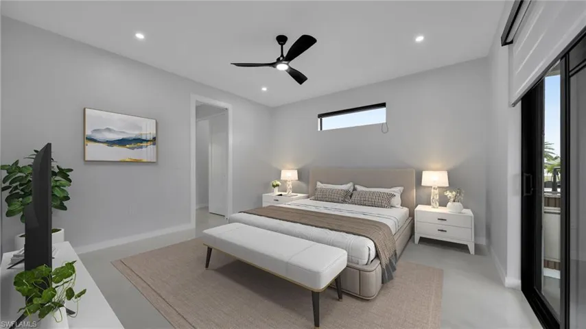 Bedroom featuring a ceiling fan and recessed lighting