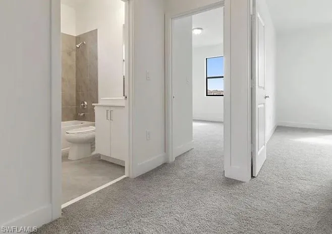 Gray carpeting throughout, white walls, and white trim