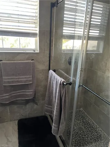 Bathroom with a wealth of natural light and a shower with door