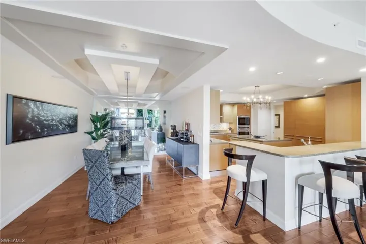 coffered ceiling & elegant fire feature