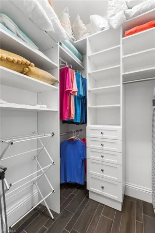 Spacious closet with dark wood-type flooring