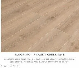 Wood-finish flooring featuring wide-plank construction and a light oak-toned grain pattern