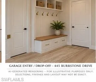Built-in mudroom bench with integrated lower drawers, wood-finish seating surface, vertical beadboard paneling, upper cubby storage, and brushed metal hardware