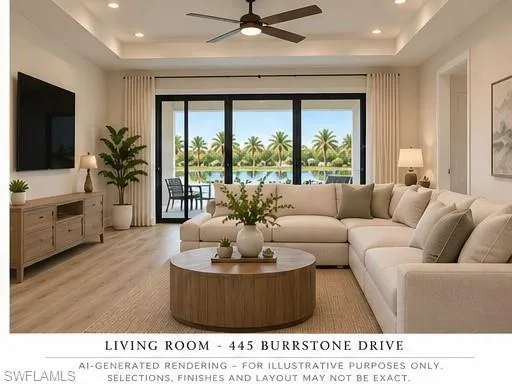 Tray ceiling, wood-finish flooring, recessed lighting, ceiling fan with integrated light, and expansive sliding glass doors