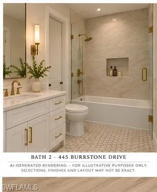 White cabinetry with brass hardware, solid-surface countertop with integrated sink, tiled shower surround with built-in niche, glass shower partition with brass fixtures, and patterned tile flooring