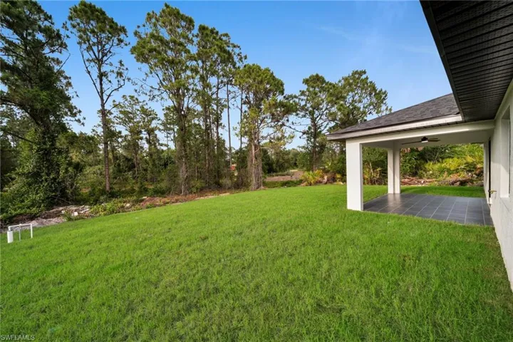View of yard with a patio and a ceiling fan