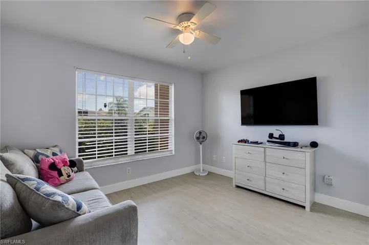 Light grey walls with crown molding and light wood-finish flooring