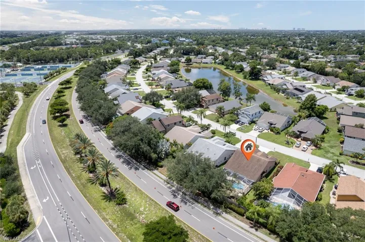 Aerial perspective showcasing a residential neighborhood with varied architectural styles