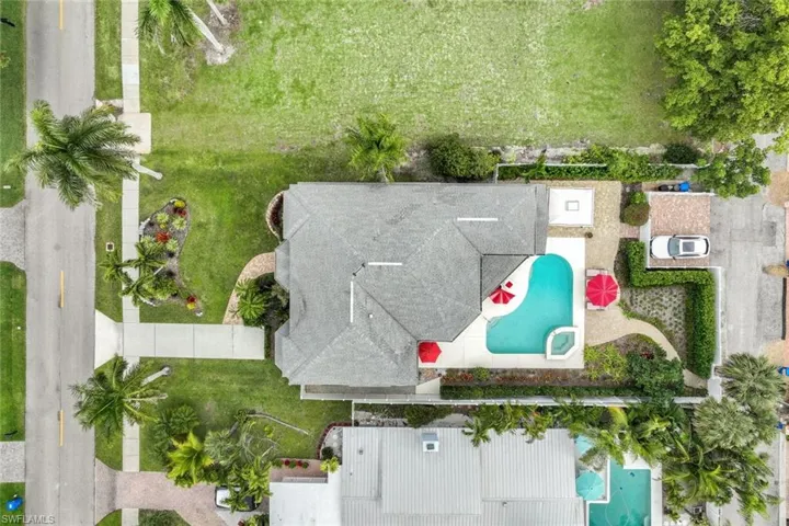 Drone / aerial view of a pool area