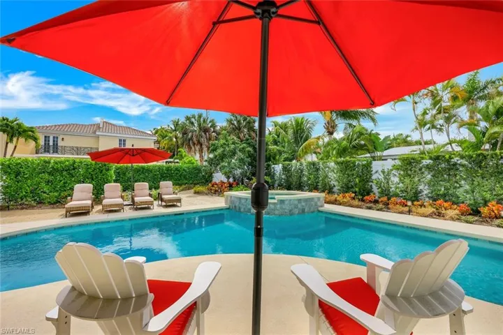 View of swimming pool with a fenced backyard, a patio, and a pool with connected hot tub
