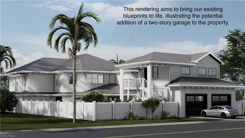 View of front facade with a fenced front yard, stairway, and a metal roof