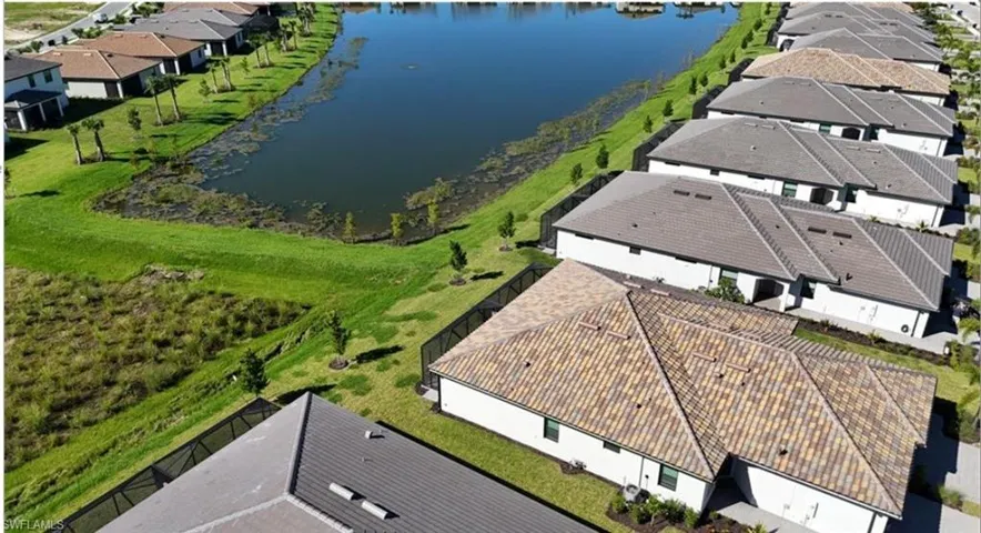 Aerial perspective of suburban area featuring a nearby body of water