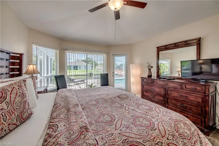 Bedroom featuring access to outside and a ceiling fan