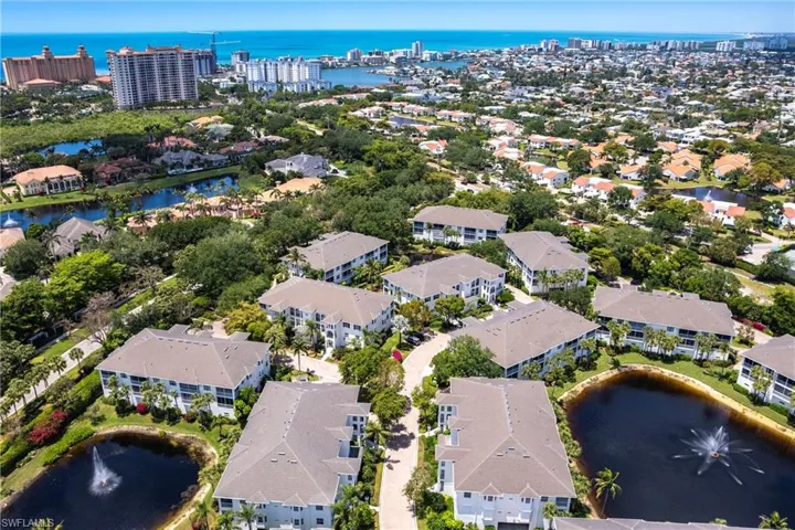 Birds eye view of property featuring a water view and a residential view