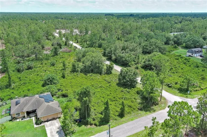 Aerial view of a heavily wooded area