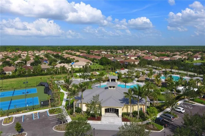 Aerial view of residential area featuring a pool