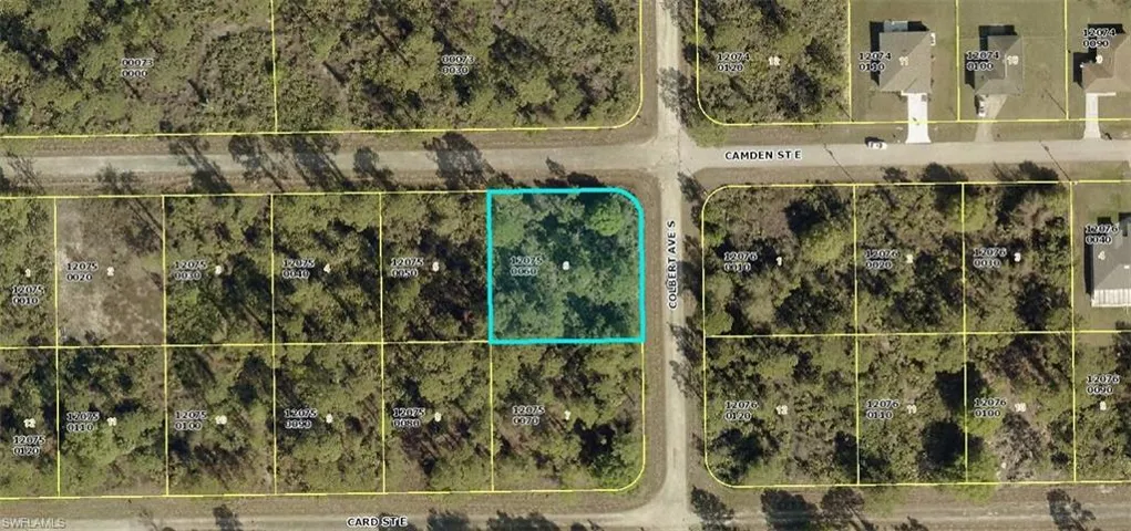 Aerial map of property and surrounding area featuring property parcel outlined