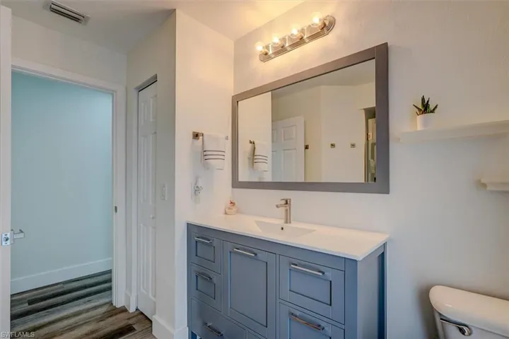 Bathroom with vanity, toilet, and hardwood / wood-style flooring